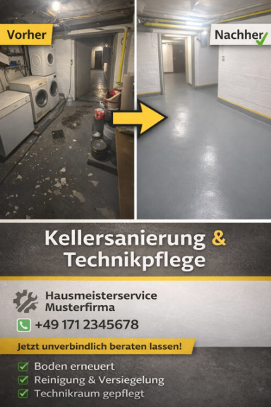 Keller vor und nach der Sanierung, inklusive Haustechnik-Serviceinformationen.